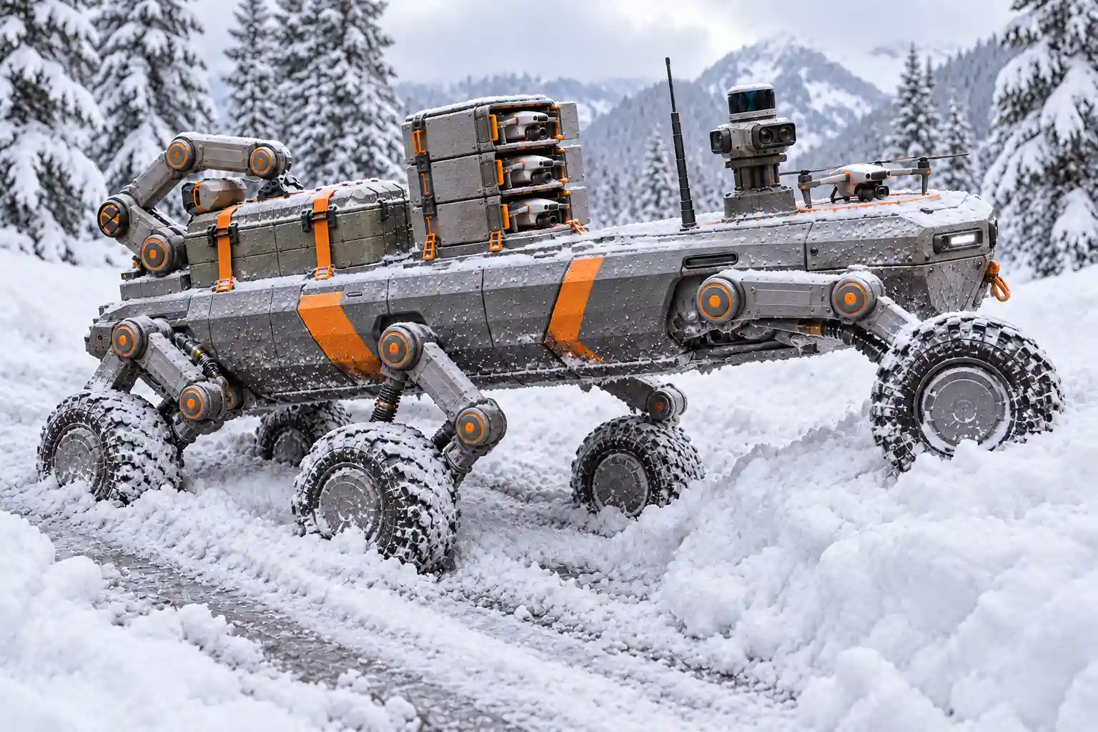 Concept illustration of URR traversing snowy ground with articulated wheel-legs